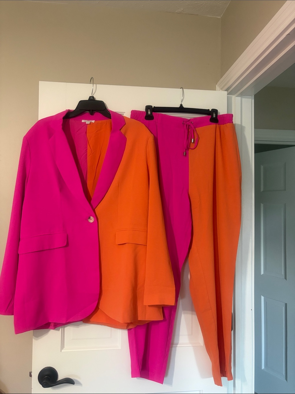 GeeGee Colorblock Pink and Orange Two-Piece Blazer & Pants Set